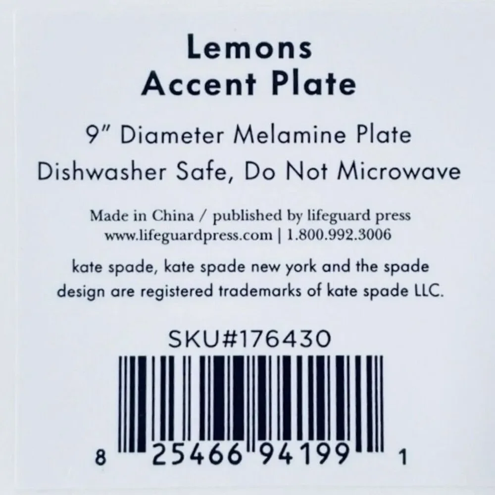 NWT Gorgeous Kate Spade New York Set of 2 White Melamine Lemons 9” Accent plates